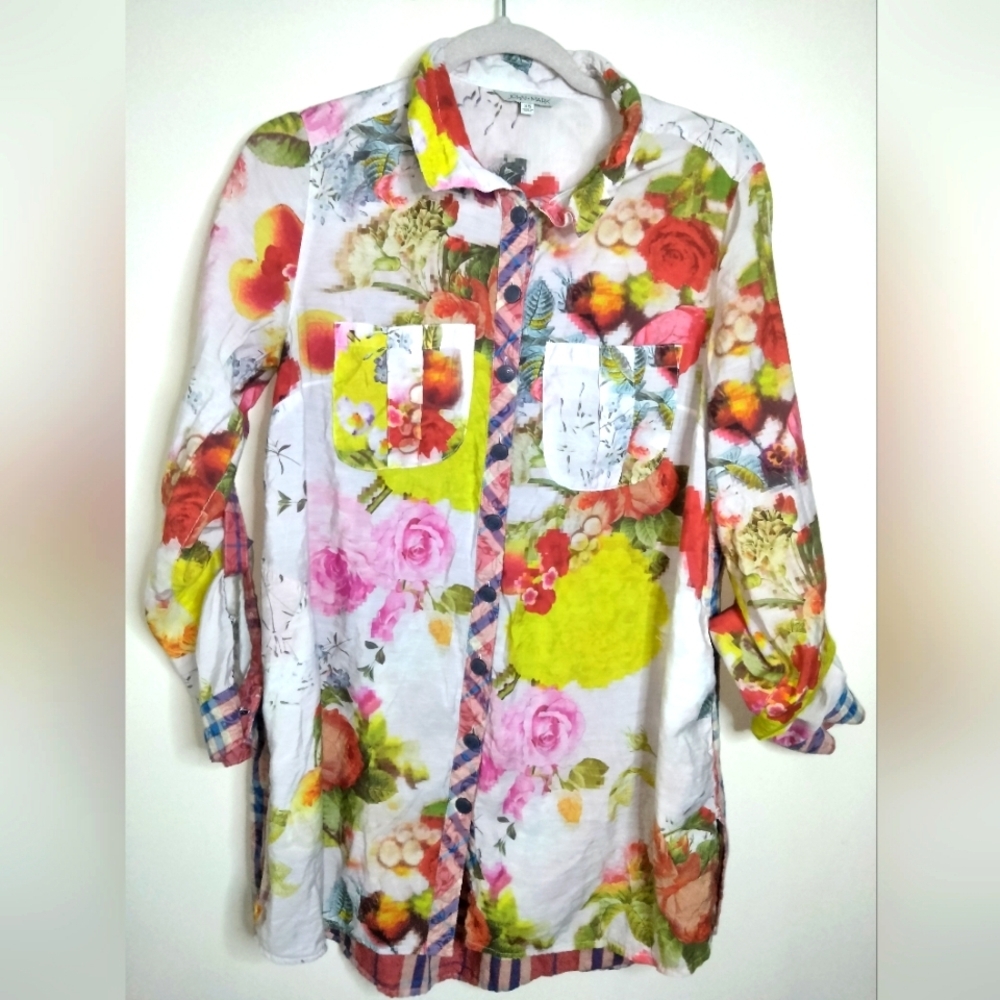 John Mark (Sz XS) Multicolor Mixed Media Floral Button-Up Slip Pocket LS Blouse